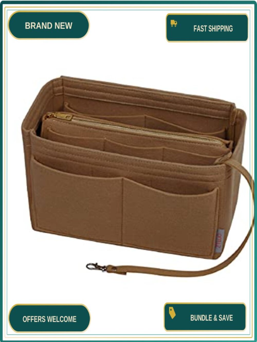 Felt Purse Organizer Insert with Metal Zipper, Handbag Tote Shaper, 13 Pockets
